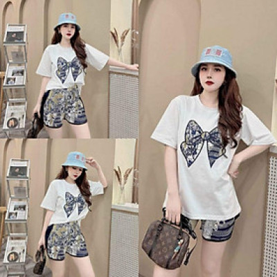 Sét bộ đồ đùi sort nữ in họa tiết nơ siêu xinh