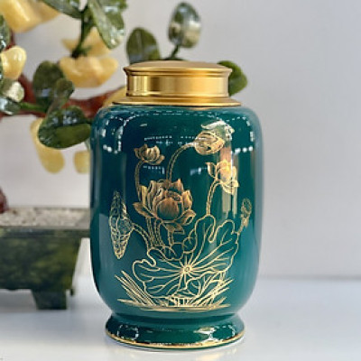 Hũ Đựng Trà, lọ đựng chè gốm sứ Bát Tràng cao cấp họa tiết vẽ vàng 18k