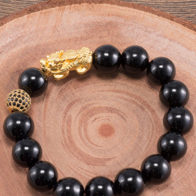Vòng Tay Nam Đá Obsidian Phối Tỳ Hưu Bạc Mạ Vàng 24K Ngọc Quý Gemstones