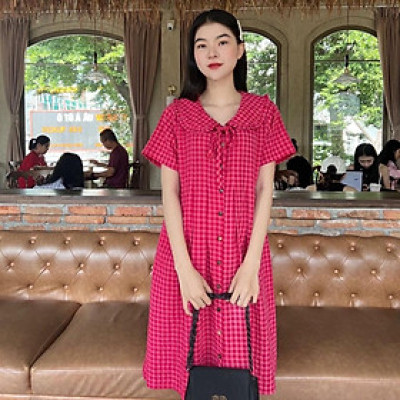 Đầm bầu karo cổ bèo thắt nơ dáng suông dễ thương, trẻ trung, năng động Nữ Women