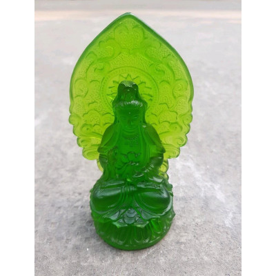Tượng Phật Bà Quan Âm Mới Đá Lưu Ly Xanh Lá Tươi Đẹp Để Xe Hơi hoặc để bàn cao 12cm đk 7cm đế 5cm Hợp Mệnh Hỏa Mệnh Mộc ạ