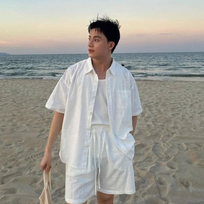 Sơ mi nam ngắn tay trơn cổ bẻ khóa cúc thanh lịch vải sợi tự nhiên Linen mềm mát