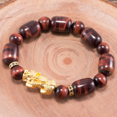 Vòng tay đá thạch anh mắt hổ nâu đỏ phối tỳ hưu bạc mạ vàng (12mm) Ngọc Quý Gemstones