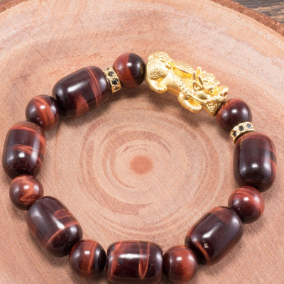 Vòng tay đá thạch anh mắt hổ nâu đỏ phối tỳ hưu bạc mạ vàng (12mm) Ngọc Quý Gemstones