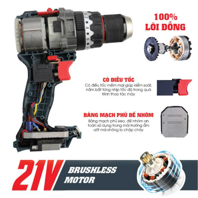 Máy khoan pin 13mm Workfix WF-ID160AK lực siết 160Nm, Không Chổi Than, Chống lật cổ tay-Bảo hành chính hãƞg.