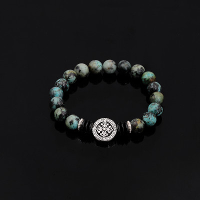 Vòng tay phong thủy Ngọc lam 8 ly mix Charm Bánh Xe Luân Hồi by ANQLO LUSSO