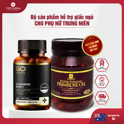 Bộ Sản Phẩm Hỗ Trợ Giấc Ngủ Cho Phụ Nữ Trung Niên: Viên Bổ Não Go Ginkgo 9000+ 60 Viên, Viên Uống Nội Tiết Nữ Hyper Evening Primrose Oil 180 Viên