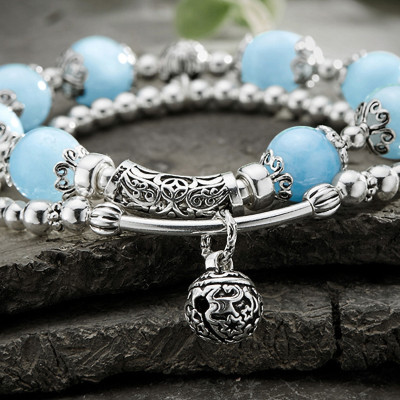 Vòng 2 line đá Aquamarine phối charm bạc size hạt 10mm mệnh thủy, mộc - Ngọc Quý Gemstones