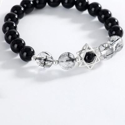 Vòng tay đá Obsidian phối thạch anh tóc đen mệnh thủy, mộc - Ngọc Quý Gemstones