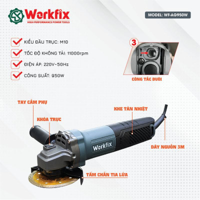 Máy Mài Góc Công Tắc Đuôi 100mm Workfix 950W - WF-AG950W - Lõi Đồng Chuyên Dùng Cho Gia Đình Và Công Trình  Máy mài thẳng Angle Grinders