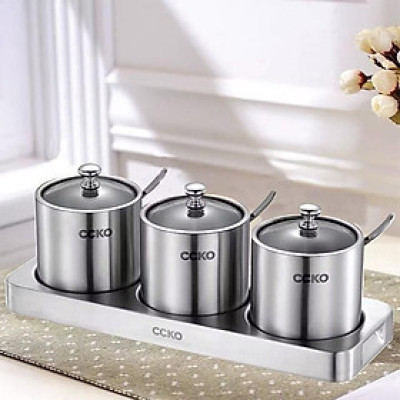 Set 3 hũ đựng gia vị CCKO inox 304 nắp thủy tinh kèm khay hàng 