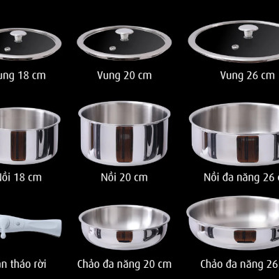Bộ Nồi Chảo Inox Cán Rời 9 Món Không chống dính – Giải pháp nấu ăn đa năng cho gia đình.