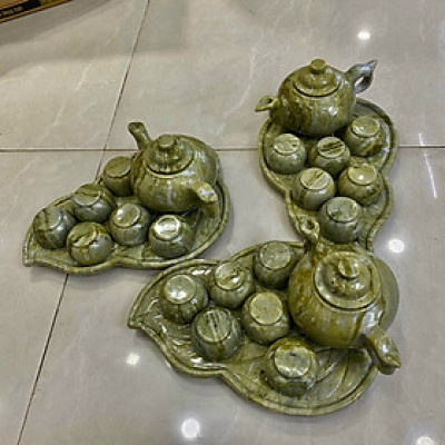 Bộ ấm trà với dĩa kiểu chếc lá đá ngọc Ấn Độ