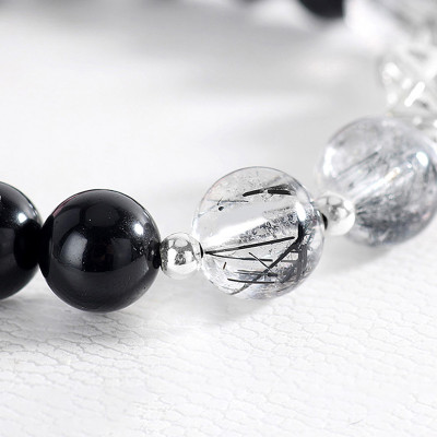 Vòng tay đá Obsidian phối thạch anh tóc đen mệnh thủy, mộc - Ngọc Quý Gemstones