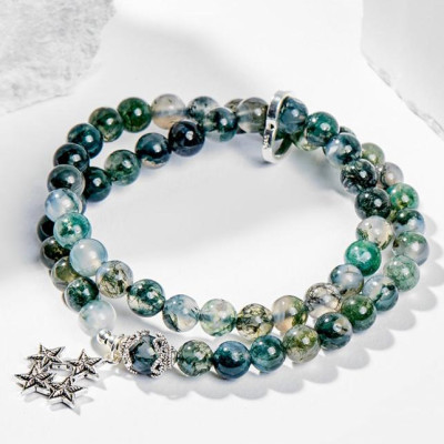 Vòng Chuỗi Hạt Đeo Tay 2 Lines Đá Băng Ngọc Thủy Tảo Phối Charm Ngôi Sao (6mm) mệnh Mộc, Hỏa Ngọc Quý Gemstones