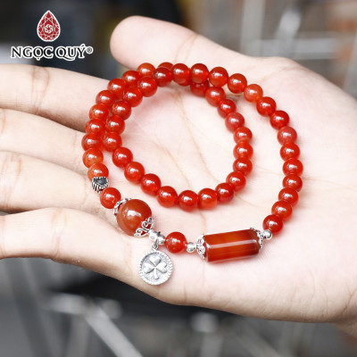 Vòng 2 line đá mã não đỏ phối charm bạc size hạt 6mm mệnh hỏa thổ - Ngọc Qúy Gemstones