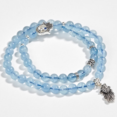 Vòng 2 Line Hải Lam Ngọc Phối Charm Cá Bạc 6mm Ngọc Quý 