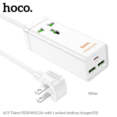 Ổ cắm điện đa năng sạc nhanh PD 30W cổng typeC + QC18W có 2*USB và 1*Type-C có 1 lỗ cắm tải 2500W dây dài 1.5m AC9 - Hàng chính hãng