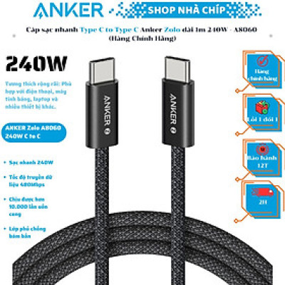 Cáp sạc nhanh Type C to Type C Anker Zolo 240W - A8060 (Hàng Chính Hãng)