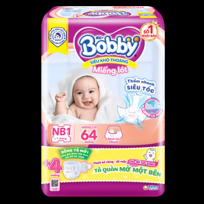 Miếng lót sơ sinh Bobby Newborn 1-64 miếng - Tặng 4 miếng Tã Quần Một Bên NB size S