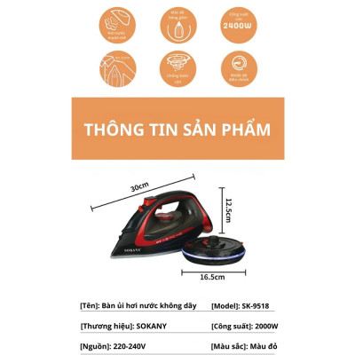 Bàn ủi, là hơi nước cầm tay KHÔNG DÂY SOKANY SK-9518 công suất mạnh mẽ 2400W có thể ủi khô và úi nước, chống nhỏ giọt - HÀNG CHÍNH HÃNG - DELIYA