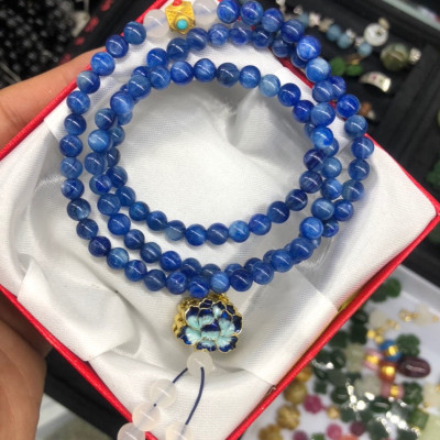 Vòng đeo tay, lắc tay phong thủy chuỗi hạt quấn 3 vòng mix phụ kiện hoa sen đá Sapphire nước ( Kyanite )