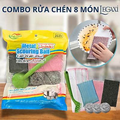 Set 8 Món Rửa Bát, Bùi Nhùi, Mút Rửa Chén, Đĩa Tạo Bọt, Cước Chà Xoong Nồi Có Tay Cầm Chà Bồn Rửa