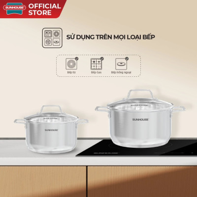 Bộ nồi chống dính đáy từ Sunhouse SHG604E Inox 304 - Bộ 2 nồi size 16/20cm - Công nghệ đáy từ Impact Bonding - Hàng chính hãng
