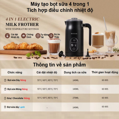 Máy đánh sữa tạo bọt cà phê, ca cao 4 trong 1 thương hiệu Anh Quốc Shardor MF0802 - Hàng nhập khẩu