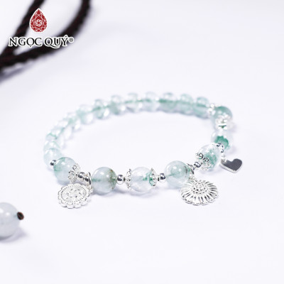 Vòng tay đá thạch anh ưu linh xanh phối charm hoa cúc size hạt 6mm mệnh hỏa, mộc - Ngọc Quý Gemstones