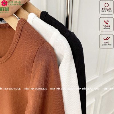  Áo croptop tay dài Hiền Trần BOUTIQUE cổ vuông vải thun ôm body crotop nữ cotton co giãn tốt