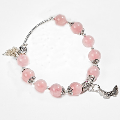 Vòng thạch anh hồng Aaa phối charm chuông bạc (8mm) Ngọc Quý Gemstones