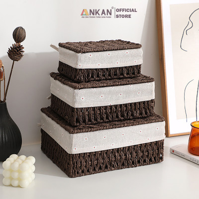 Giỏ Mây Có Nắp Đựng Đồ, Đựng Mỹ Phẩm, Đựng Đồ Ăn Vặt Để Bàn, Decor Chụp Ảnh Sản Phẩm Lót Vải Vintage