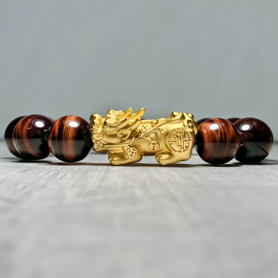 Vòng tay Thạch Anh Mắt Hổ nâu đỏ 14mm mix tỳ hưu bạc