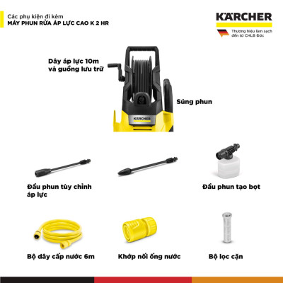 (Mới 2025) Máy phun rửa áp lực cao Karcher K 2 HR - Công suất 1400W, áp lực 110 bar phù hợp rửa xe - Bảo hành 24 tháng - Hàng Chính Hãng