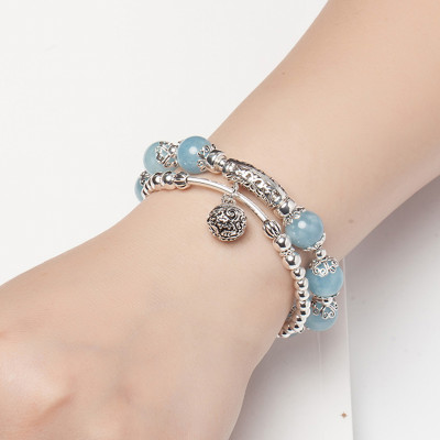 Vòng 2 line đá Aquamarine phối charm bạc size hạt 10mm mệnh thủy, mộc - Ngọc Quý Gemstones