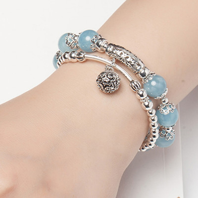 Vòng 2 line đá Aquamarine phối charm bạc size hạt 10mm mệnh thủy, mộc - Ngọc Quý Gemstones