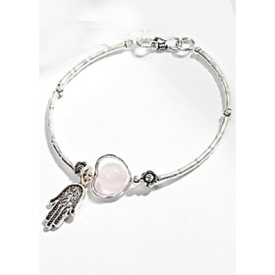 Vòng Tay Bạc 1 Hạt Đá Thạch Anh Hồng Phối Charm Bàn Tay Hamsa Bạc Ngọc Quý Gemstones