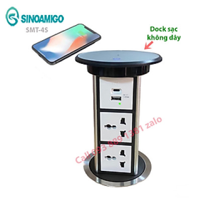 Ổ cắm thông minh lắp âm bàn đảo Sinoamigo SMT-4S, nâng hạ tự động, tích hợp sạc không dây 15W, chống nước IP54 - Hàng chính hãng