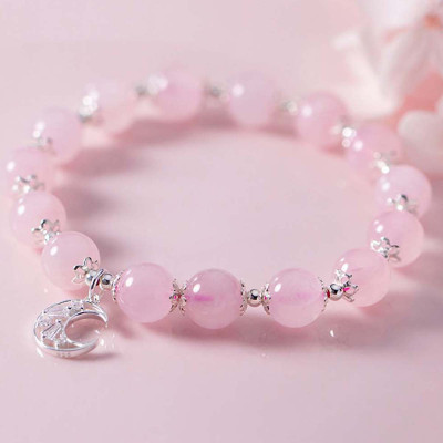 Vòng tay đá thạch anh hồng charm mặt trăng mệnh hỏa, thổ - Ngọc Quý Gemstones