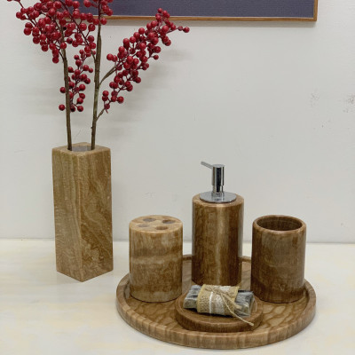 Bộ phụ kiện phòng tắm bằng đá tự nhiên màu vàng vân gỗ