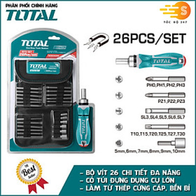 Bộ tua vít đa năng 26 chi tiết có túi đựng TOTAL TACSD30266 - Nhiều loại đầu vít, chất liệu thép chuyên dụng, tay cầm chắc chắn