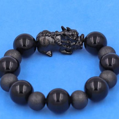 Chuỗi tay Tỳ Hưu inox charm Thạch Anh Đen size 16 ly phối 6 bi - hợp mệnh Mộc, mệnh Thủy - Chuỗi size XXL