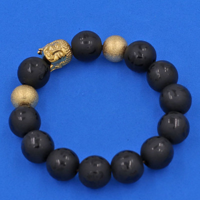 Vòng tay Thạch Anh Đen Khắc Phật Chú Chữ Mờ 14 ly - Vòng tay Phật A Di Đà inox vàng VTAEPMNLVHB14 - hợp mệnh Mộc, mệnh Thủy - Vòng đeo tay size lớn