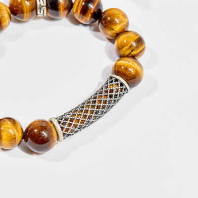 Vòng tay phong thủy đá mắt hổ vàng nâu charm bạc 12mm mệnh thổ , kim - Ngọc Quý Gemstones