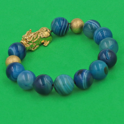 Vòng đeo tay Thạch Anh Xanh Biển Sọc 12 ly - cẩn Tỳ Hưu Phong Thủy inox vàng VTAXBSTHHBV12 - hợp mệnh Mộc, mệnh Thủy