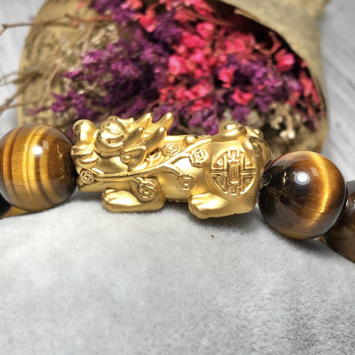 Vòng tay Thạch Anh Mắt Hổ vàng nâu 14mm mix tỳ hưu