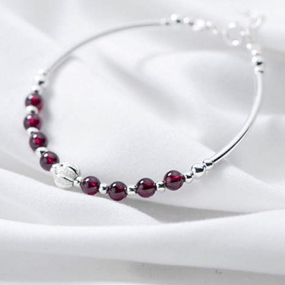 Vòng tay bạc đá Garnet phối bi họa tiết mệnh hỏa, thổ - Ngọc Quý Gemstones