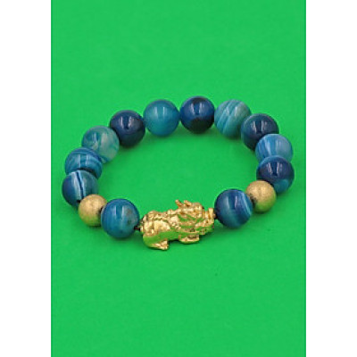 Vòng đeo tay Thạch Anh Xanh Biển Sọc 12 ly - cẩn Tỳ Hưu Phong Thủy inox vàng VTAXBSTHHBV12 - hợp mệnh Mộc, mệnh Thủy