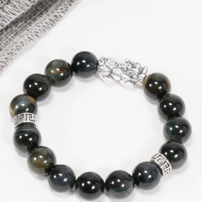 Vòng Thạch Anh Mắt Hổ Xanh Đen Phối Tỳ Hưu Bạc (12mm) Ngọc Quý Gemstones